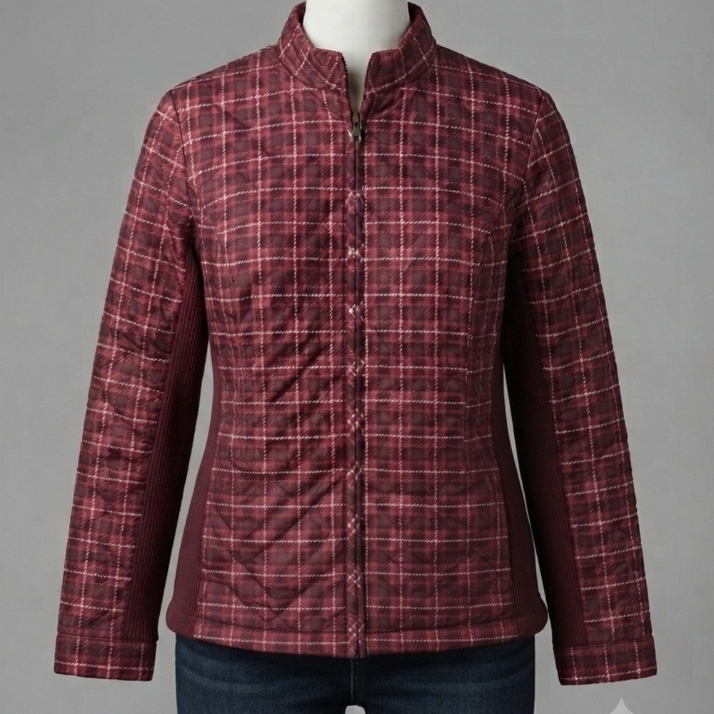 Woman Within Burgundy Plaid Quilted Zip Jacket Ribbed Side Panels 18/20 L